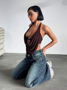 EURMUSE LOW WAIST WIDELEG JEAN WITH RIVET DETAIL - Dark Wash - View 6