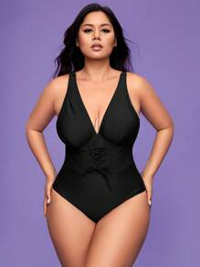 SHEIN Swim Curve 1pc Plus Size One-Piece Swimsuit With Shaping Straps And Underwired For Summer Beach Vacation - Black - View 7