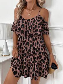 SHEIN Clasi Women's Leopard Print Cold Shoulder Ruffled Hem Shoulder Strap Casual Dress For Autumn Travel - Pink - View 3