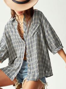 Bohemela Casual Woven Plaid Short Sleeve Loose Fit Blouse For Women