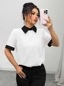 Elenzga Áo sơ mi tay ngắn đính ngọc trai phối màu cho nữ, Xuân/Hè - Đen và trắng - Xem 6