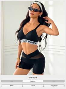 Slayoga Women's Solid Color Asymmetric Waistband Mesh Splice Sports Shorts Biker Shorts