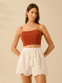 CAJUNI 女士波西米亚风刺绣松紧腰流苏细节度假休闲夏季沙滩白色短裤 - 白色 - 查看 5