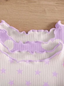 SHEIN Leap Crew 4pcs Baby Girl Heart & Star Pattern Ruffled Neck Short Sleeve Knit Comfy Pajama Set - Mauve Purple - View 5