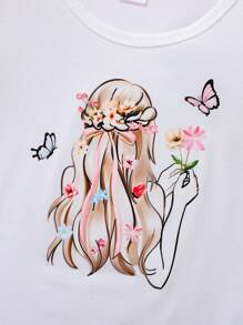 2 bucăți/Set Imprimare portret de fetiță împerecheată cu fustă de tort florală stratificată, potrivită pentru ocazional, sezonul nunților, picnicuri în aer liber și alte ocazii - alb - Vizualizare 8