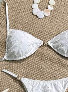 Swim Mod Women's Summer Holiday Beach Embroidered Spaghetti Strap Bikini Set - White - View 3