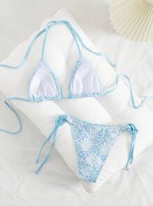 SHEIN Swim 2pcs/Set Women's Casual Vacation Ditsy Floral Textured Jacquard Fabric Frill Trim Regular Fit Bikini For Summer - Blue - View 3