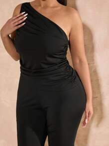 SHEIN BAE Plus Size Women's Sleeveless One Shoulder Gathered Top And Stretch Straight Pants, Country Concert Outfit, - Black - View 6