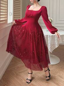 DAZY Đầm midi tay phồng phối nhiều mảnh thanh lịch, thích hợp cho tiệc cưới mùa xuân, đầm tay dài mùa thu, đầm đỏ sang trọng dành cho nữ, đầm dạ hội, đầm lấp lánh đính sequin Giáng sinh. - Màu Đỏ Sâu - Xem 3