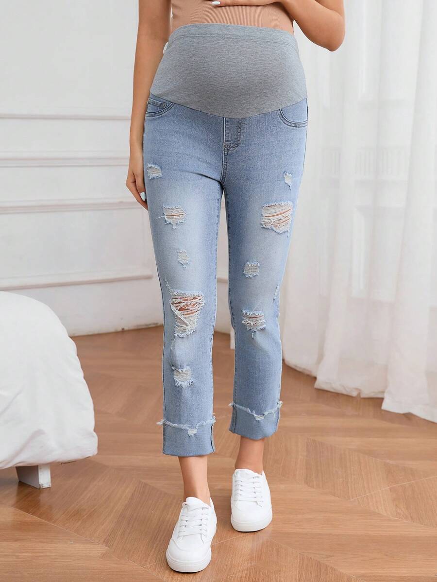 SHEIN 孕妇休闲洗水破洞修身牛仔裤 - 淺色水洗藍 - 查看 1