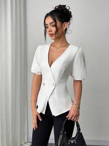 SHEIN Unity Women's New V-Neck Waisted Fitted Split Hem Short Sleeve Casual Elegant Linen Solid Color Shirt, Spring & Summer - White - View 6