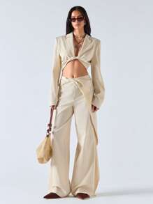 LYSMO Twist Detail Long Sleeve Cropped Blazer