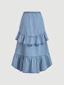 SHEIN MOD Falda vaquera casual de mujer con recortes de volantes y cordón