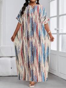 SHEIN CURVE+ Spring And Summer Autumn And Winter Elegant Navy Blue Woven Notched Kaftan Dress Plus Size Dresses - Multicolor - View 5