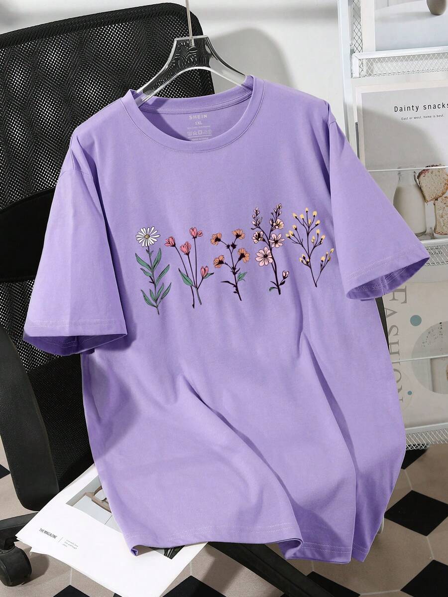 INAWLY Plus Size Crew Neck Short Sleeve T-Shirt, Simple & Fashionable, Suitable For Summer - Lilac Purple - View 1