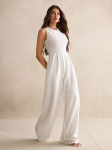 SHEIN Tall Casual Elegant Sleeveless Wide-Leg Black Jumpsuit - White - View 7