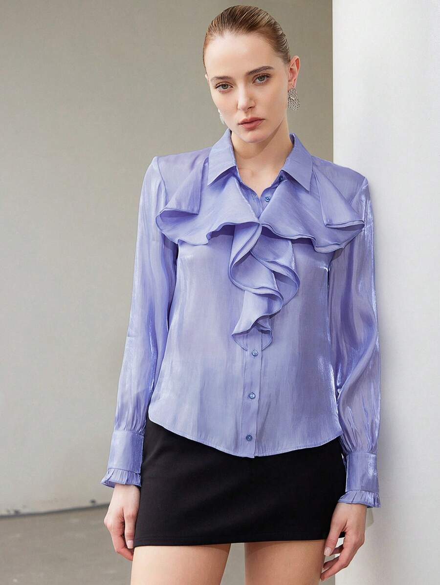 Aveloria Modichic Elegant Ruffle Collar Translucent Texture Teacher Long Sleeve Button-Up Shirt Holiday Party Clothes Fall Cloth For Women - Purple - View 1