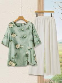 Lacomfia 2 件套女士春夏亚麻休闲短袖上衣和松紧腰带长裤套装