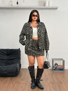 SHEIN EZwear Große Größen Sommer Lässig Leopard Muster Denim Rock kurz