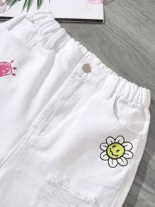 SHEIN Preteen Girls' Ripped & Washed Graffiti Print Denim Shorts - White - View 6