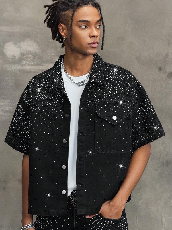 ROMWE MEN ROMWE Avant Herren lässiges Jeanshemden mit Strass-Verzierung, Einreiher, weit geschnitten