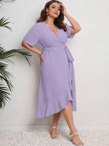 SHEIN LUNE Plus Puff Sleeve Ruffle Hem Belted Wrap Dress Maxi Women Outfit