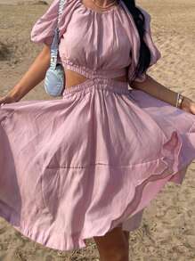 DAZY Women's Round Neck Waist Cinched Hollow Out Puff Sleeve Mid-Length Dress,Ruffle - Pink - View 4