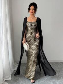 Rafferiza 女士优雅金属箔印花方领透明雪纺袖修身中长连衣裙