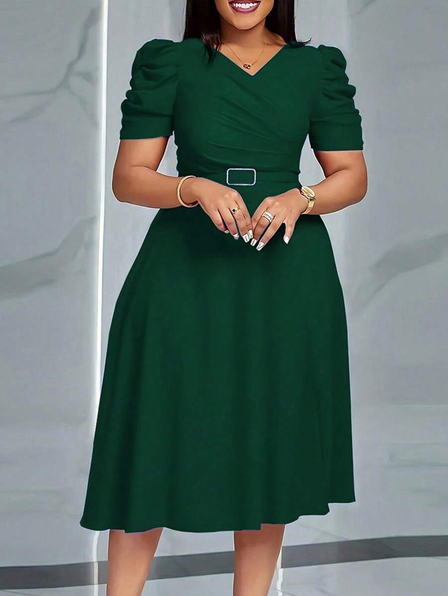 女士修身优雅 V 领短袖连衣裙,春夏 - 綠色 - 查看 1