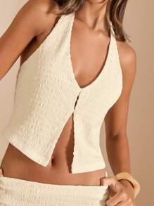 SHEIN BAE 2 件套 - 纯色性感深 V 领露背纹理吊带背心和低腰长裙，女式白色度假装 - 杏色 - 查看 7