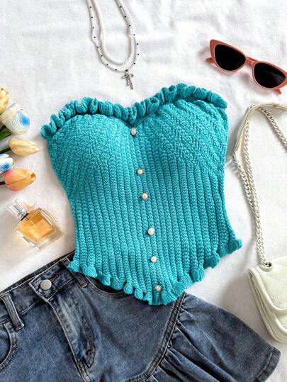 Soleia 女士纽扣装饰时尚休闲荷叶边下摆针织吊带背心上衣