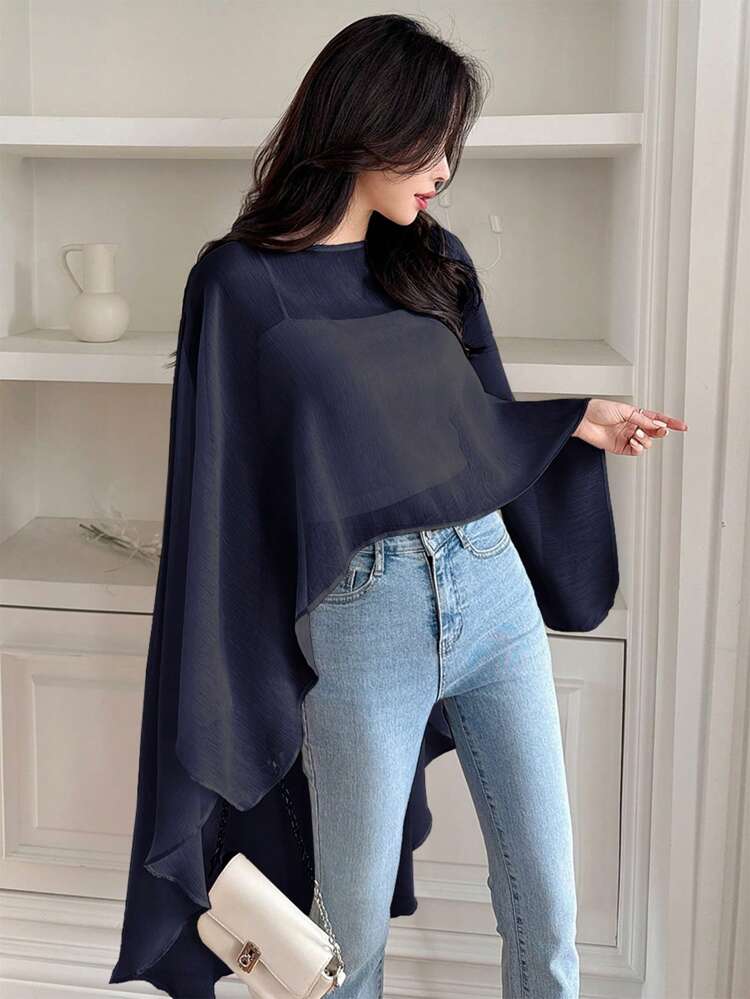 Chiffon Blouse, Women's Spring/Summer Solid Color Lightweight Pullover Asymmetric Shirt Sheer