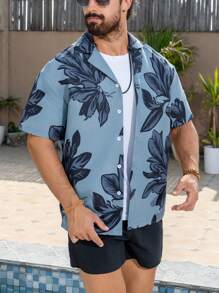 Horizaway 男士花卉印花短袖衬衫和短裤沙滩装男士泳裤，夏威夷风