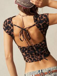 Bohemela Plus Size Backless Knit Leopard Print Vest Top For Women, Summer - Coffee Brown - View 1