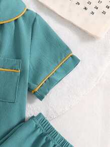 2pcs Boys' Pajama Set, Lake Blue And Yellow Color Block Simple Lapel Short Sleeve Shirt And Long Pants, Woven Fabric - Blue - View 7