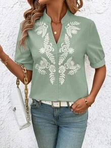 SHEIN Clasi V-Neck Eyelet Embroidery Women Shirt, Fashionable For Summer, Christmas - Mint Green - View 6