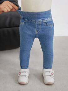 SHEIN Baby Girl Simple Fashionable Denim Jeans, Suitable For Summer - Dark Wash - View 7