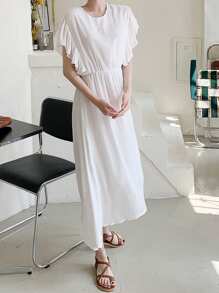 DAZY Đầm dài tay bèo cổ tròn màu trơn cho nữ, màu trắng, thanh lịch mùa xuân/hè, váy thường ngày cho nữ - trắng - Xem 4