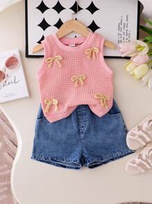 SHEIN Elladie kids 女童钩针镂空打底衫，蓝色牛仔短裤，甜美无袖玫瑰红蝴蝶结背心，夏季户外度假两件套 - 粉色 - 查看 6