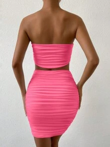 Allurite 2pcs Women Set: Solid Color Ruched Bandeau Top & High Waist Bodycon Mini Skirt, Two Pieces Dress Set Women Clothing Two Pieces Women Summer Clothes Women Two Pieces Outfits