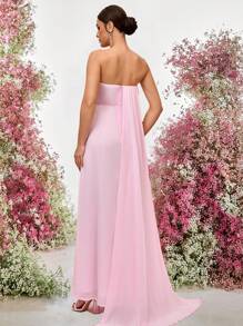 SHEIN Belle Robe de demoiselle d'honneur élégante et romantique en tissu de mousseline rose avec fleurs 3D, épaules dénudées, volants et coupe évasée pour soirée