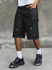 ROMWE MEN ROMWE Avant Pantalones cortos vaqueros (jorts) de hombre con decoración de strass, de moda de vanguardia para el verano