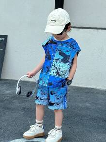 2pcs Kids Young Boys Leisure Japanese And Korean Academy Comfortable, Fashionable, Simple, Practical, Versatile Cartoon Anime Printed Loose Tank Top And Shorts Two Pieces Set, Suitable For Outdoor Play, School, Street Photography, Party And Home Leisure, Suitable For School, Sports, Vacation, Home And Outdoor, Suitable For Spring And Summer Seasons