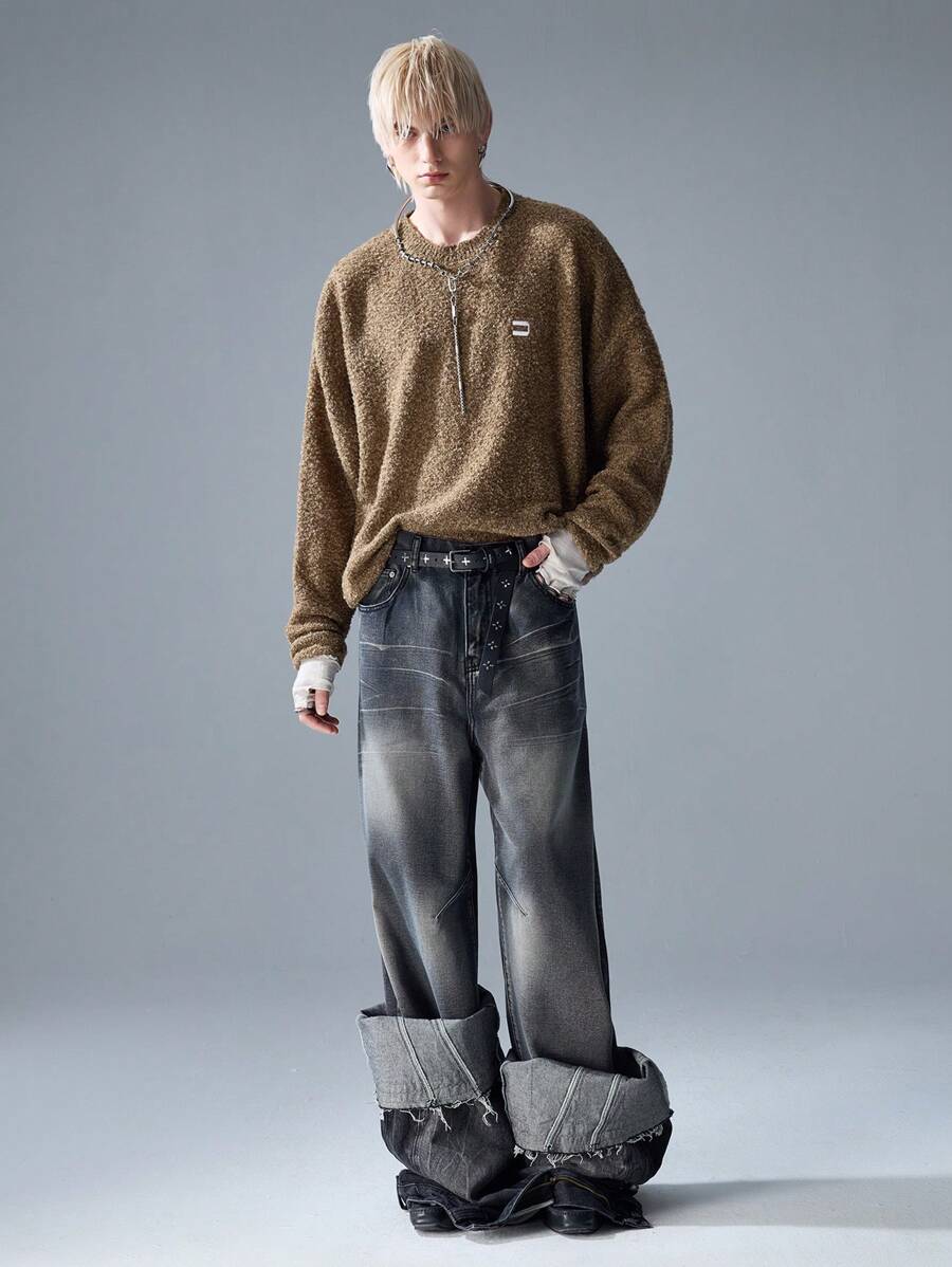 NEON BLANC 男士街头风格长袖刺绣卡其色圆领棉质毛衣，适合秋冬 - 卡其色 - 查看 1