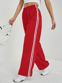 SHEIN PETITE Women Elastic Waist Side Stripe Wide Leg Loose Casual Sweatpants Graduation,Back To School Outfits,Graduation,Teacher Outfits For Women,Back To School