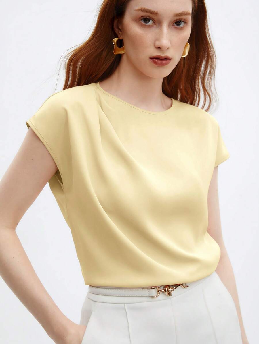 BizChic Women's Solid Color Round Neck Ruffle Decor Loose Cap Sleeve Top, Basic Urban Commute Style, Simple Elegant Fashion Business Casual, Suitable For Teachers And Office Wear