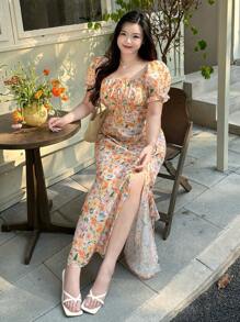 Dazy Plus All Over Floral Print Square Neck Cinched Waist Puff Sleeve Maxi Vacation Dress - Orange - View 7