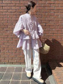 FRIFUL Women's Oversize Ruched Layered Ruffled Puff Sleeve Loose Solid Color City Casual Spring/Summer Long Shirt,Fall Clothes Long Sleeve Top Vacation - Mauve Purple - View 6