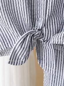 SHEIN 2 件女童条纹编织棉质短袖衬衫和阔腿裤套装，休闲度假风格，春夏 - 淺灰紫 - 查看 3