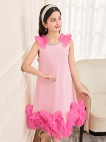SHEIN Tween Girls' 3D Flower Patchwork Hem & Back Bow Sleeveless Elegant Dress - Baby Pink - View 5